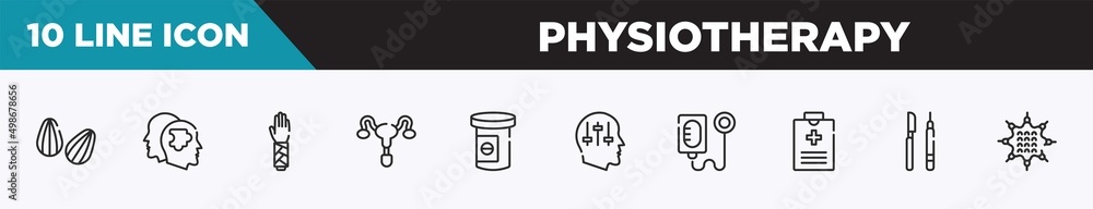 set of 10 outline physiotherapy icons. editable thin line icons such as almond, psychologist, splint, reproductive system, antidepressants, manipulation, intravenous saline drip vector illustration. set of 10 outline physiotherapy icons. editable thin line icons such as almond, psychologist, splint, reproductive system, antidepressants, manipulation, intravenous saline drip vector illustration.