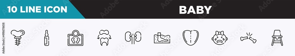 set of 10 outline baby icons. editable thin line icons such as dental implant, ampoule, body weight, dental crown, kidney, thalassotherapy, tongue vector illustration. set of 10 outline baby icons. editable thin line icons such as dental implant, ampoule, body weight, dental crown, kidney, thalassotherapy, tongue vector illustration.