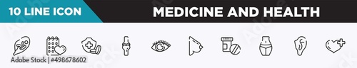 set of 10 outline medicine and health icons. editable thin line icons such as fetus in an uterus, null, health insurance or hospital costs, ball of the knee, eye with enlarged pupil, bosom,