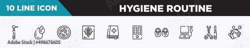 set of 10 outline hygiene routine icons. editable thin line icons such as dental drill, type 0, microscopic, x rays, medicine book, medicine cabinet, baby shoes vector illustration.