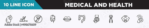 set of 10 outline medical and health icons. editable thin line icons such as type b, stretch, deaf, iv, sil, intestine, dialysis vector illustration.
