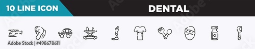 set of 10 outline dental icons. editable thin line icons such as chopper, hearing aid, optometrist, baby walker, prothesis, patient robe, spoon and fork vector illustration.