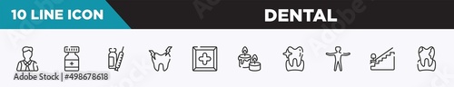 set of 10 outline dental icons. editable thin line icons such as executive man, medicine container, syringe with medication, hypersensitive, cross inside a square, candle and stone, whitening vector