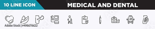 set of 10 outline medical and dental icons. editable thin line icons such as medicine for heart, leaf and drop, bad breath, blood pressure gauge, injured leg of man, stais, medical syringe vector