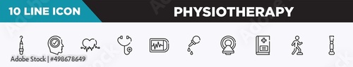 set of 10 outline physiotherapy icons. editable thin line icons such as periodontal scaler, positivity, ecg, diage, ekg monitor, pear enema, magnetic resonance vector illustration.