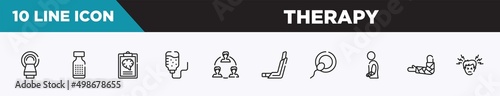 set of 10 outline therapy icons. editable thin line icons such as tomography, homeopathy, mental checklist, iv bag, relations, inhalator, insemination vector illustration.