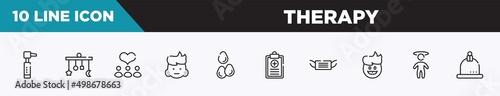 set of 10 outline therapy icons. editable thin line icons such as otoscope, crib mobile, donors, swelling, sesame, health report, medical mask vector illustration.