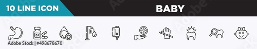 set of 10 outline baby icons. editable thin line icons such as stoh, calcium, platelet, intravenous, blood bag, medical service, latex vector illustration.