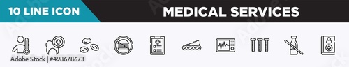 set of 10 outline medical services icons. editable thin line icons such as fever, dental care, blood cells, no junk food, examination, soy, icu vector illustration.