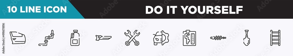 set of 10 outline do it yourself icons. editable thin line icons such as car door, junction, gallon oil, carpenter saw, double wrench, car service, automatic transmission vector illustration. set of 10 outline do it yourself icons. editable thin line icons such as car door, junction, gallon oil, carpenter saw, double wrench, car service, automatic transmission vector illustration.
