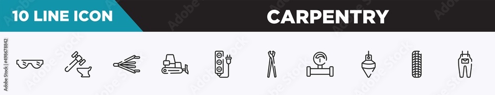 set of 10 outline carpentry icons. editable thin line icons such as eye protection, blacksmith, bellows, dozer, extension cord, pincers, gas pipe vector illustration. set of 10 outline carpentry icons. editable thin line icons such as eye protection, blacksmith, bellows, dozer, extension cord, pincers, gas pipe vector illustration.