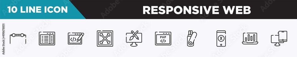set of 10 outline responsive web icons. editable thin line icons such as resistance, program interface, editing code, full width, pencil and brush crossed, php code, flash card vector illustration. set of 10 outline responsive web icons. editable thin line icons such as resistance, program interface, editing code, full width, pencil and brush crossed, php code, flash card vector illustration.