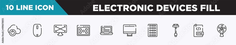 set of 10 outline electronic devices fill icons. editable thin line icons such as descendant, magic mouse, expand screen, ux de, laptop with text, monitors, list of options vector illustration.