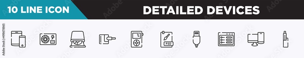 set of 10 outline detailed devices icons. editable thin line icons such as tablet and phone, psu, cd room, power adapter, mini, psd file, new charger vector illustration. set of 10 outline detailed devices icons. editable thin line icons such as tablet and phone, psu, cd room, power adapter, mini, psd file, new charger vector illustration.