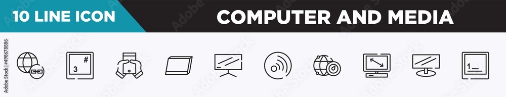 set of 10 outline computer and media icons. editable thin line icons such as earth link, number 3 key on keyboard, null, tablet screen in perspective, flatscreen tv, rss updates subscription, set of 10 outline computer and media icons. editable thin line icons such as earth link, number 3 key on keyboard, null, tablet screen in perspective, flatscreen tv, rss updates subscription,