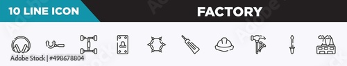 set of 10 outline factory icons. editable thin line icons such as ear protection, micrometer, chassis, switch on, benzene, caulk, utensils vector illustration.