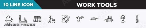 set of 10 outline work tools icons. editable thin line icons such as head protection, drawing tool, tiles, carpenter, decoupage, glue gun, fretsaw vector illustration.