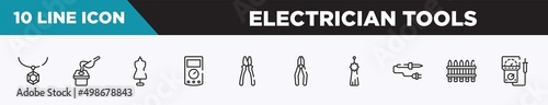 set of 10 outline electrician tools icons. editable thin line icons such as rhinestone, crucible, tailor, ammeter, clamps, crimping pliers, norigae vector illustration.
