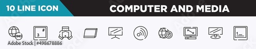 set of 10 outline computer and media icons. editable thin line icons such as earth link, number 3 key on keyboard, null, tablet screen in perspective, flatscreen tv, rss updates subscription,
