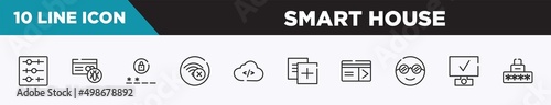 set of 10 outline smart house icons. editable thin line icons such as tuning, infected, passwords, connection error, cloud coding, duplicate, keycard vector illustration.