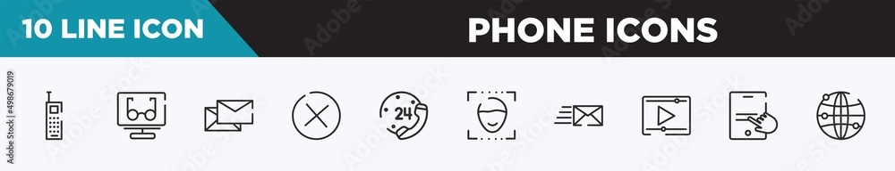 set of 10 outline phone icons icons. editable thin line icons such as vintage mobile phone, reading mode, letters, removed, telephone line 24 hours service, face detection, express mail vector set of 10 outline phone icons icons. editable thin line icons such as vintage mobile phone, reading mode, letters, removed, telephone line 24 hours service, face detection, express mail vector