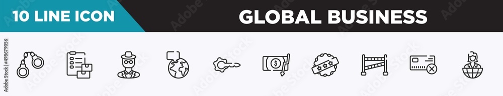 set of 10 outline global business icons. editable thin line icons such as handcuffs, customs, detective, breaking, keyword, inflation, best price vector illustration. set of 10 outline global business icons. editable thin line icons such as handcuffs, customs, detective, breaking, keyword, inflation, best price vector illustration.