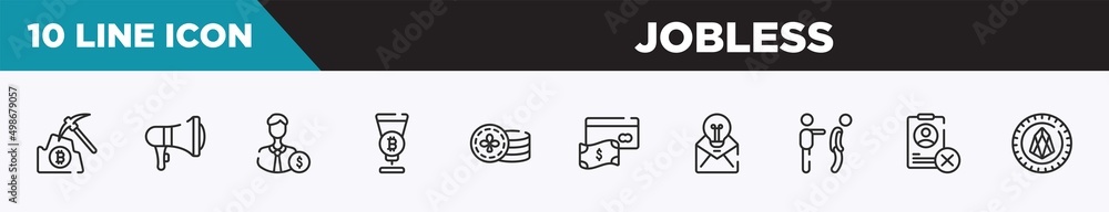 set of 10 outline jobless icons. editable thin line icons such as pick, bullhorn, backer, passion, casino chips, savings, null vector illustration. set of 10 outline jobless icons. editable thin line icons such as pick, bullhorn, backer, passion, casino chips, savings, null vector illustration.
