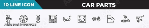 set of 10 outline car parts icons. editable thin line icons such as car transmission, car tyre, piston, accelerator, mud flap, petrol gauge, sump vector illustration.