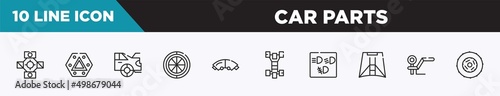 set of 10 outline car parts icons. editable thin line icons such as car universal joint, car hazard lights, boot, spare wheel, brake pad, chassis, dashboard vector illustration.