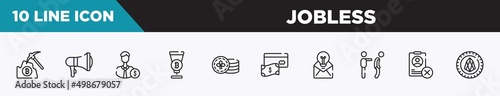 set of 10 outline jobless icons. editable thin line icons such as pick, bullhorn, backer, passion, casino chips, savings, null vector illustration.
