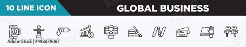 set of 10 outline global business icons. editable thin line icons such as withdraw, shortcut, low energy, raise, suspect, fallen, nasdaq vector illustration.