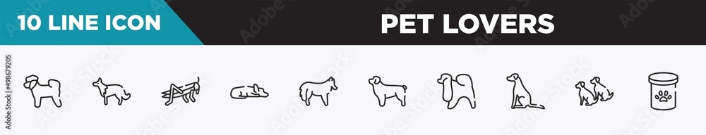 set of 10 outline pet lovers icons. editable thin line icons such as bichon, collie, locust, sad dog, shetland sheepdog, newfoundland, japanese chin vector illustration.