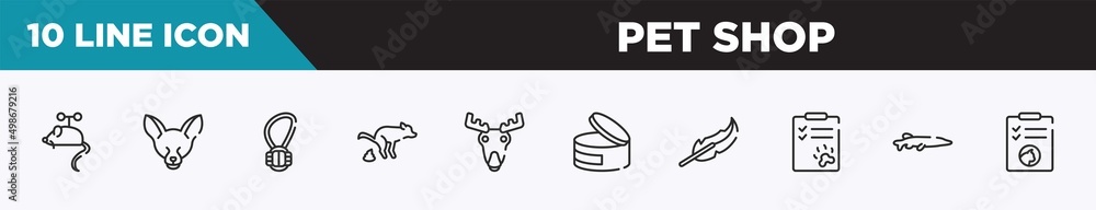 set of 10 outline pet shop icons. editable thin line icons such as toy mouse, fennec fox head, rope toy, dog poo, moose head, canned food, feathers vector illustration. set of 10 outline pet shop icons. editable thin line icons such as toy mouse, fennec fox head, rope toy, dog poo, moose head, canned food, feathers vector illustration.