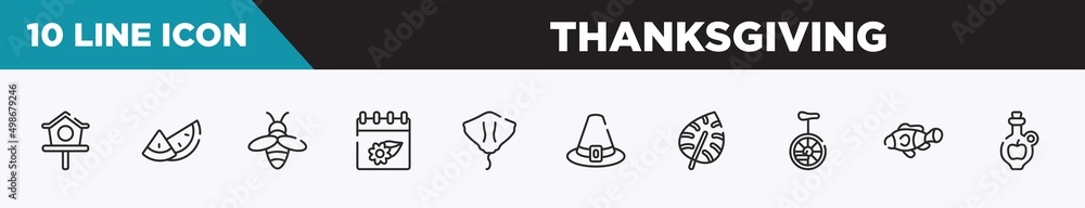 set of 10 outline thanksgiving icons. editable thin line icons such as bird house, watermelon, beekeeper, season, stingray, pirim, monstera leaf vector illustration. set of 10 outline thanksgiving icons. editable thin line icons such as bird house, watermelon, beekeeper, season, stingray, pirim, monstera leaf vector illustration.