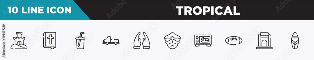 set of 10 outline tropical icons. editable thin line icons such as sand castle, bible, soda, pickup truck, prayer, maharaja, oven vector illustration. set of 10 outline tropical icons. editable thin line icons such as sand castle, bible, soda, pickup truck, prayer, maharaja, oven vector illustration.