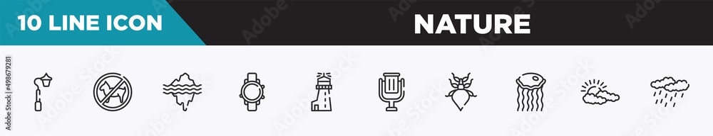 set of 10 outline nature icons. editable thin line icons such as streetlight, forbidden, glacier, diving watch, lighthouse, trash can, leaf insect vector illustration. set of 10 outline nature icons. editable thin line icons such as streetlight, forbidden, glacier, diving watch, lighthouse, trash can, leaf insect vector illustration.