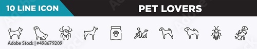 set of 10 outline pet lovers icons. editable thin line icons such as husky, pug, spider black widow, doberman, treat, dog and man seating, airedale vector illustration.
