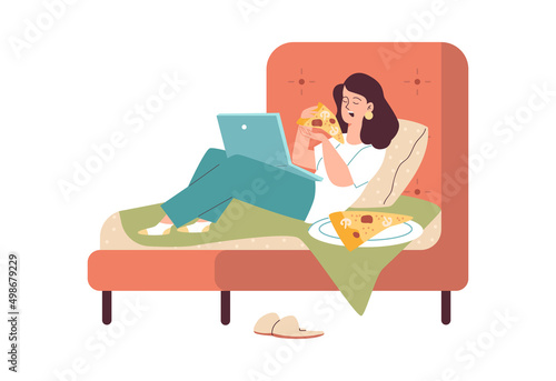 Woman in armchair eating piece of pizza, flat vector illustration isolated.