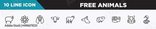 set of 10 outline free animals icons. editable thin line icons such as sheep with wool, angular flower, bas hound dog head, cow head, black sheep, doberman dog head, guinea pig heag vector