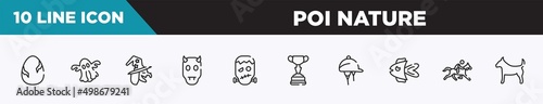 set of 10 outline poi nature icons. editable thin line icons such as egg with a crack, ghost, witch, devil, frankenstein, horses races trophy, hat for a jockey vector illustration.