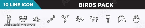 set of 10 outline birds pack icons. editable thin line icons such as coffin, panda face, black bird, chains, hummingbird, bird in nest, horse black side shape vector illustration.