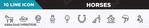 set of 10 outline horses icons. editable thin line icons such as horse standing, bird and egg, horse races badge, poison, plain tree, horseshoe, null vector illustration.
