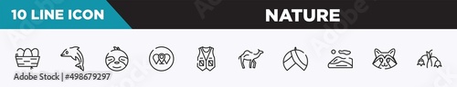 set of 10 outline nature icons. editable thin line icons such as nest, dolphin, sloth, branches, vest, dromedary, turban vector illustration.
