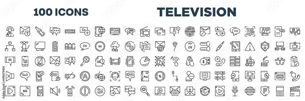 set of 100 outline television icons. editable thin line icons such as reporter, postal, ethernet, international mail, spanish language, post stamp, controls, video stream stock vector. set of 100 outline television icons. editable thin line icons such as reporter, postal, ethernet, international mail, spanish language, post stamp, controls, video stream stock vector.