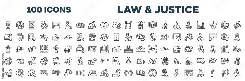 set of 100 outline law & justice icons. editable thin line icons such as passion, fired, oath, accredited, diversify, judge chair, alerts, manufacture stock vector.