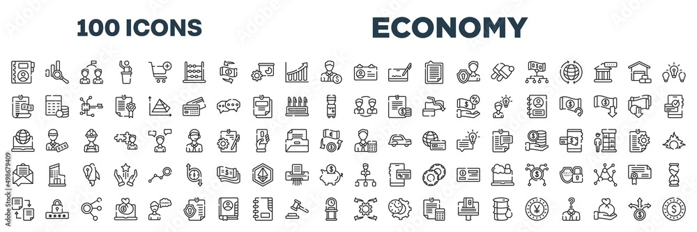 set of 100 outline economy icons. editable thin line icons such as contact book, identification card, bills, peer to peer, intranet, accountant, distributed ledger, possibility stock vector. set of 100 outline economy icons. editable thin line icons such as contact book, identification card, bills, peer to peer, intranet, accountant, distributed ledger, possibility stock vector.
