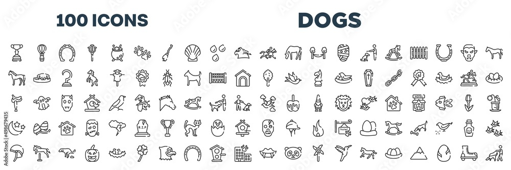 set of 100 outline dogs icons. editable thin line icons such as horses races trophy, race horse with jockey, horse standing, plain tree, horse saddle, null, jockey hat, fangs stock vector. set of 100 outline dogs icons. editable thin line icons such as horses races trophy, race horse with jockey, horse standing, plain tree, horse saddle, null, jockey hat, fangs stock vector.