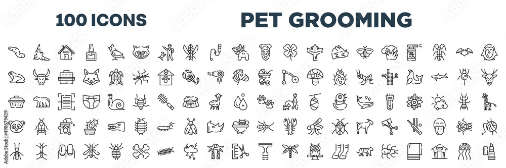 set of 100 outline pet grooming icons. editable thin line icons such as worm, facial treatment, frog, stroller, pet cage, pawprint, termite, null stock vector. set of 100 outline pet grooming icons. editable thin line icons such as worm, facial treatment, frog, stroller, pet cage, pawprint, termite, null stock vector.