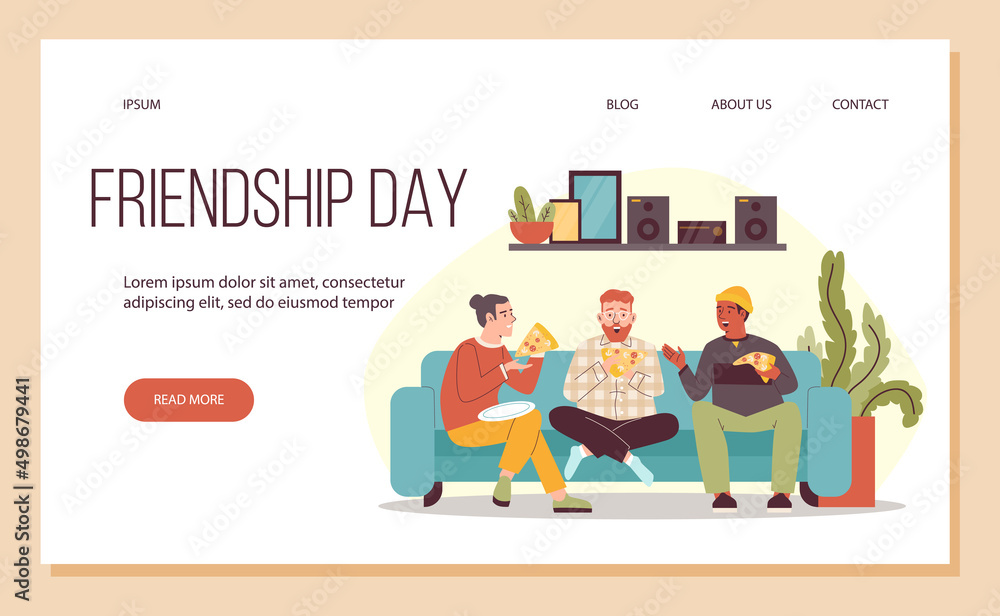 Friendship day web banner with friends eating pizza, flat vector illustration. Friendship day web banner with friends eating pizza, flat vector illustration.