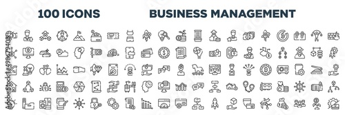 set of 100 outline business management icons. editable thin line icons such as cooperate, money transfer, bank rate, dollar coin, pen container, retailer, intranet, spreading stock vector.